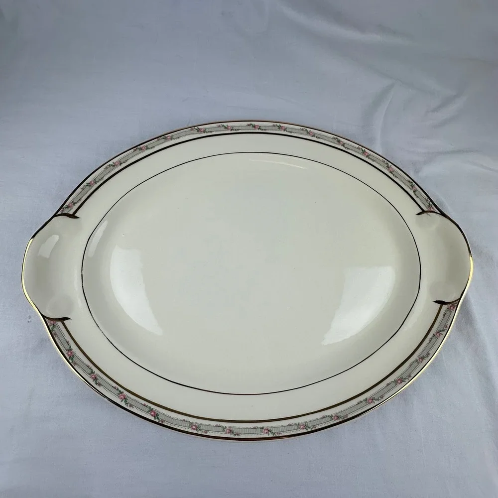 Vtg Taylor Smith Taylor TS&T Rosebud Platter‎ Gold Gilt 15 inch 1945 Ironstone
